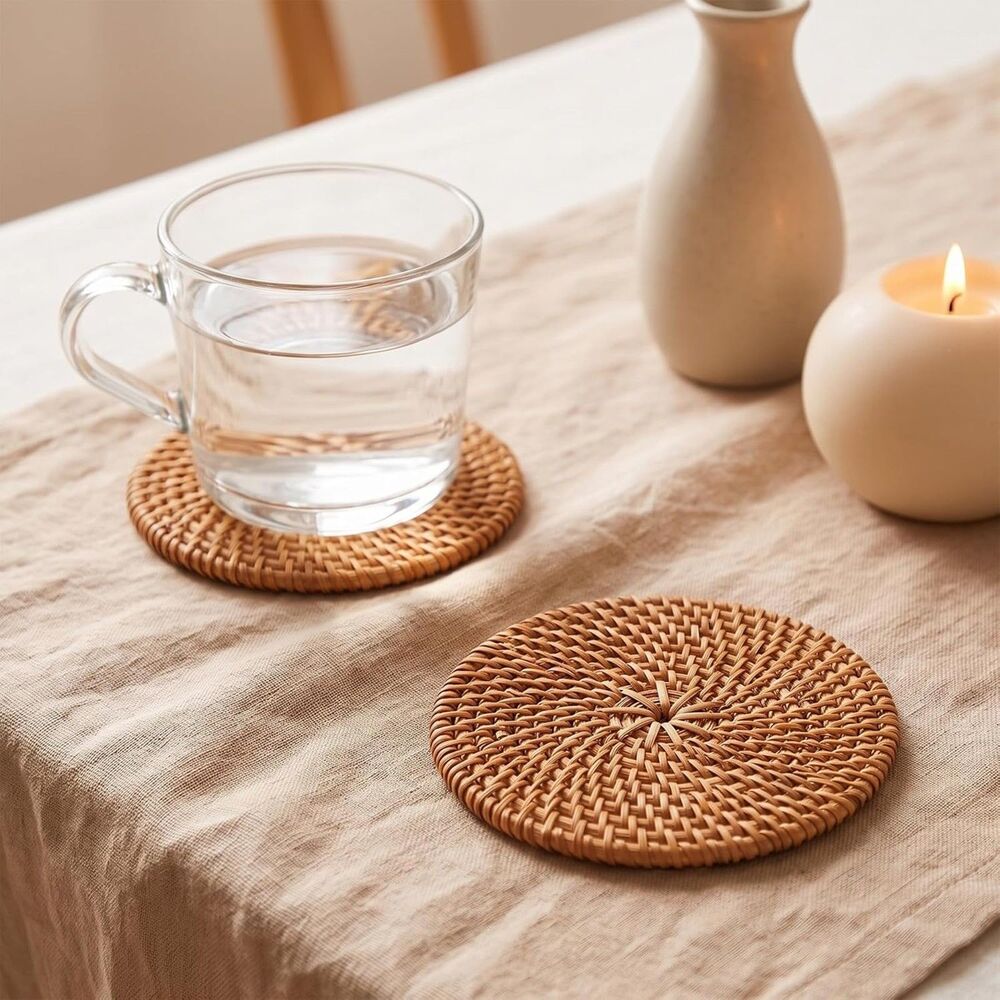 Rattan Coasters 2 Pack 3.9 Inch Natural Woven Round Boho Drink Mats Table Decor